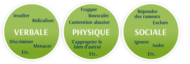 Verbale : insulter, ridiculiser, discriminer, menacer, etc.Physique : frapper, bousculer, contention abusive, s'approprier le bien d'autrui, etc.Sociale : répendre des rumeurs, exclure, ignorer, isoler, etc